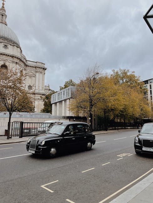 A black London taxi cab parked on the side of a city street with white dashed lines on the road, adjacent to a sidewalk. Behind the taxi, there are trees with yellow and orange leaves indicating an autumn setting, and a modern white building with large windows. To the left, in the background, a historic domed structure with classical architecture and ornate details is visible, alongside some other contemporary buildings. The sky overhead is overcast with gray clouds. The scene captures a typical urban environment suitable for house removals and relocation services, with no visible furniture or loading activities. [COMPANY_NAME] offers professional house removals and furniture transport in this area, supporting efficient packing and moving processes.