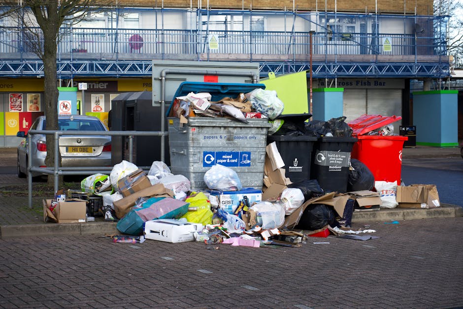 An outdoor urban scene showing multiple overflowing waste and recycling bins on a paved sidewalk, surrounded by scattered cardboard boxes, plastic bags, and paper debris. The collection includes a large grey mixed paper and cardboard bin with its lid partly open, revealing crumpled paper and packaging materials inside. Next to it are black and green recycling bins, with black bags piled around their bases. To the right, a large red bin is visible, also filled with waste, and several flattened cardboard boxes are placed on the ground nearby. Behind the bins, there is a low metal railing and parked cars, including a silver vehicle with a European license plate. In the background, a building with large windows and a blue scaffolding structure indicates ongoing construction or renovation work, with signage and storefronts visible on the ground floor. The scene captures the typical process of waste collection and disposal related to house clearances, highlighting the importance of proper recycling within the context of house removals and packing logistics, as handled by companies like Man with Van Pimlico.
